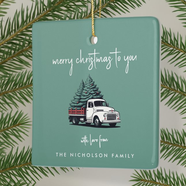 Ornamento De Cerâmica Ceramic Ornament | Christmas Tree Delivery Truck (Personalized vintage delivery truck ceramic ornaments created for cheerful Christmas celebrations)