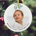 Ornamento De Cerâmica Cerâmica de Foto de Natal Personalizada do Bebê<br><div class="desc">Este moderno Primeiro Ornamento de Natal é decorado com água doce. Facilmente personalizável com sua foto, nome e ano. Use a Ferramenta Design para alterar o tamanho, o estilo ou a cor do texto. Porque nós criamos a nossa trabalho de arte, você não encontrará esta imagem exata de outros designers....</div>