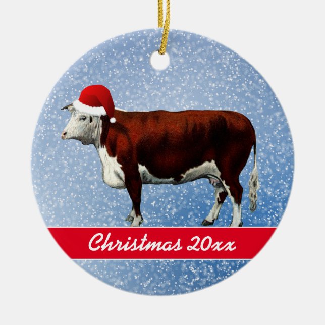 Ornamento De Cerâmica Cerâmica Hereford Cow e Santa Hat (Frente)