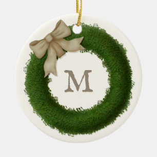 Ornamento De Cerâmica Cerâmica Personalizada Monogramada de Wreath Boxwo