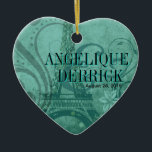 Ornamento De Cerâmica Cerceta do casamento da torre Eiffel de Fleur de<br><div class="desc">Este "Fleur bonito de Paris" coração-deu forma ao ornamento é a ornamentação perfeita para sua primeira árvore de Natal ou como um presente do favor a seus convidados do casamento. Use a laranja "personalizam-na" botão acima para personalizar este ornamento com seus próprios texto & foto. Há diversos produtos de harmonização...</div>