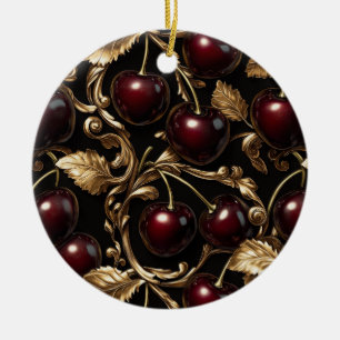 Ornamento De Cerâmica Cereja luxuosa e Dourado padrão barroco sem costur
