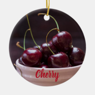 Ornamento De Cerâmica Cerejas em tigela cor-de-rosa para amantes de frut