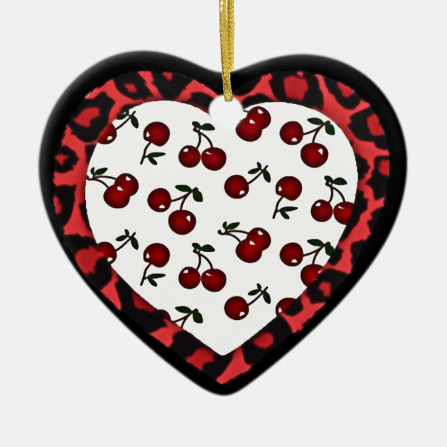 Ornamento De Cerâmica Cerejas RAB Leopard Print Heart Rockabilly (Frente)
