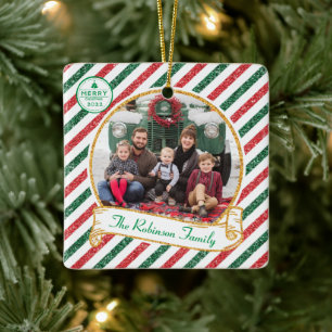 Ornamento De Cerâmica Cerimônia de Foto de Família de Natal com Brilho d