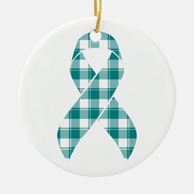 Ornamento De Cerâmica Cervical Cancer Awareness Plaid Teal Ribbon (Frente)