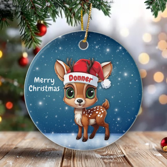 Ornamento De Cerâmica Cervo bebê, Filhote de cervo, Cerva, Rena 🦌 🎄Fel (Personalizable Cute Whimsical Reindeer Graphic, Snowy Deer illustration, Blue Festive Ornament 🦌🎄)