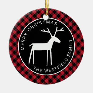 Ornamento De Cerâmica Cervo Branco Búfalo Vermelho Xadrez Feliz Natal No