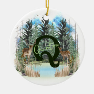 Ornamento De Cerâmica Cervo em Aquarela Monograma Personalizado Letra Q