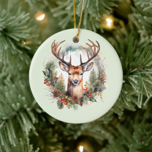 Ornamento De Cerâmica Cervo Marrom com Galhadas Natal Rústico