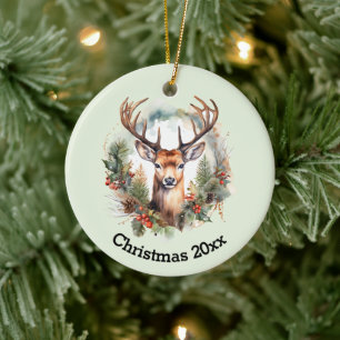 Ornamento De Cerâmica Cervo Marrom com Galhadas Natal Rústico