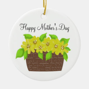 Ornamento De Cerâmica Cesta de Flores Amarelas - Feliz Dia das Mães