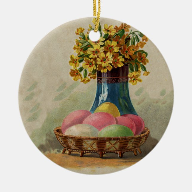 Ornamento De Cerâmica Cesta de Páscoa Ovos Flores Antigo (Frente)