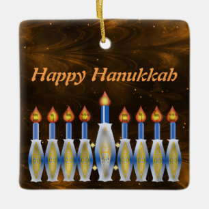 Ornamento De Cerâmica Céu nebuloso estilizado feliz de Hanukkah Menorah