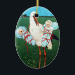 Ornamento De Cerâmica CHÁ DE BEBÊ TWIN, azul teal<br><div class="desc">Elegante,  engraçado,  vibrante design para bebês gêmeos com uma cegonha rico no campo verde,  natureza sob o céu azul,  reelaborado a partir da vintage.</div>
