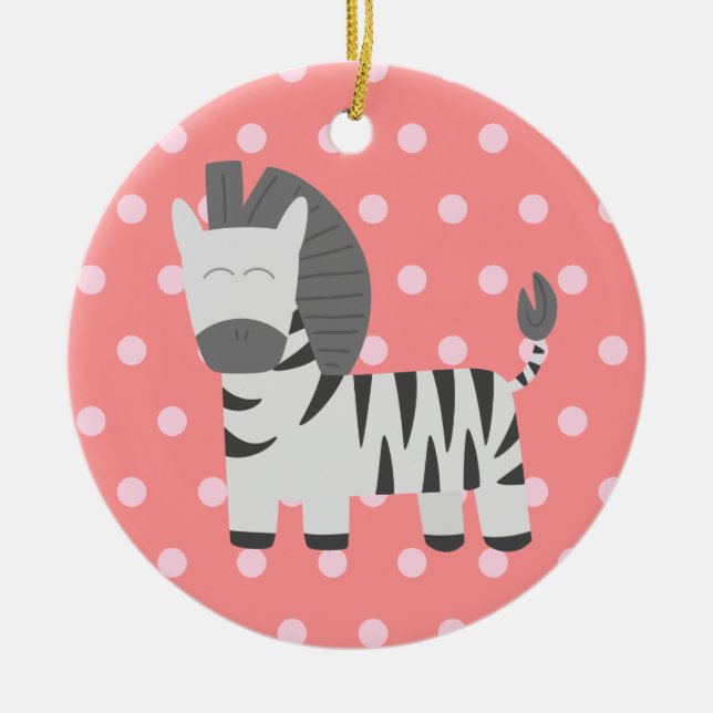 Ornamento De Cerâmica Chá de Bebê: Zebra fofa com bolinhas cor-de-rosa (Frente)