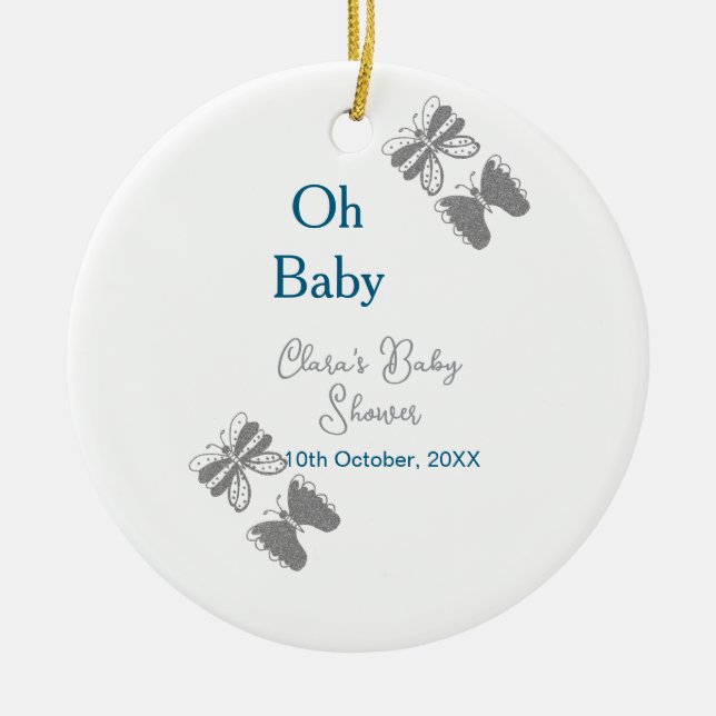 Ornamento De Cerâmica chá de fraldas azul-borboleta-cinza oh bebê texto  (Frente)