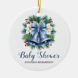Ornamento De Cerâmica Chá de fraldas azul de inverno de cintas de Natal