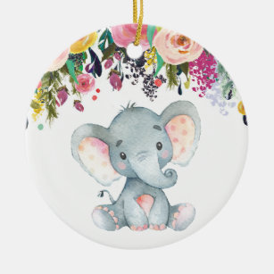Ornamento De Cerâmica Chá de fraldas Elefante-Rosa-Floral e Cinzas