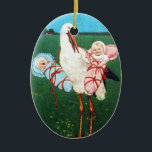 Ornamento De Cerâmica CHÁ DE FRALDAS TWIN, cor-de-rosa, azul-lacre<br><div class="desc">Elegante,  engraçado,  vibrante design para um bebê gêmeo e uma menina com uma cegonha rico no campo verde,  natureza sob o céu azul,  reelaborado da safra.</div>