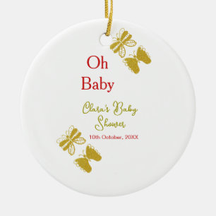 Ornamento De Cerâmica chá de fraldas vermelho da borboleta ouro oh bebê