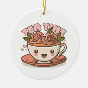 Ornamento De Cerâmica Chá Hora Rosa Chá Kawaii