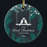 Ornamento De Cerâmica Chalkboard Lovebird Nosso Primeiro Natal Juntos<br><div class="desc">Chalkboard Ave Nosso Primeiro Natal Junto Com O Ornamento Cerâmico. Personalize com suas informações personalizadas tanto na frente quanto na parte traseira.</div>