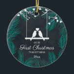 Ornamento De Cerâmica Chalkboard Lovebird Nosso Primeiro Natal Juntos<br><div class="desc">Chalkboard Ave Nosso Primeiro Natal Junto Com O Ornamento Cerâmico. Personalize com suas informações personalizadas tanto na frente quanto na parte traseira.</div>