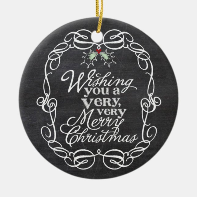 Ornamento De Cerâmica Chalkboard Mistletoes Script Merry Christmas Photo (Frente)