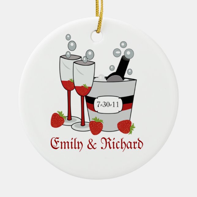 Ornamento De Cerâmica Champagne & data do chá de panela das morangos (Frente)