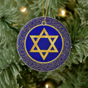 Ornamento De Cerâmica Chanukah Hanukkah חֲנֻכָּה Azul e Dourado