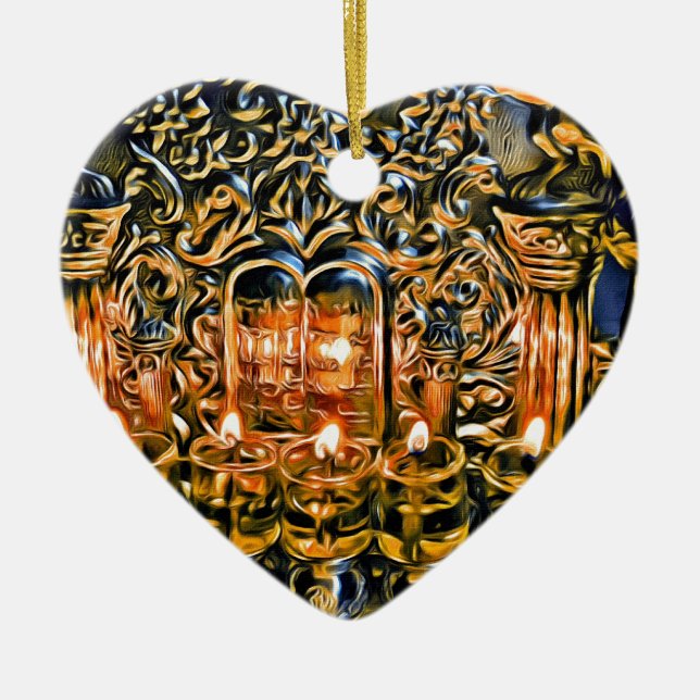 Ornamento De Cerâmica Chanukah Menorah com luzes do óleo (Frente)