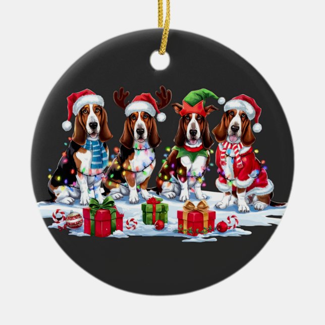 Ornamento De Cerâmica Chapéu de Basset Santa que chifre a luz de Natal (Frente)