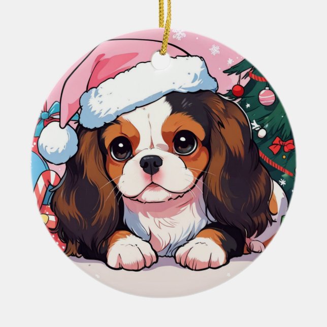 Ornamento De Cerâmica Chapéu de Natal Cavalier King Charles Pastel (Frente)