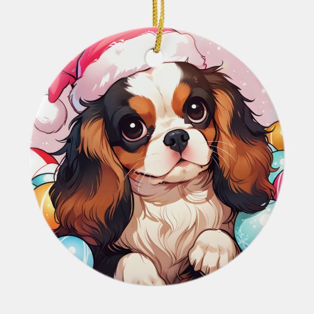 Ornamento De Cerâmica Chapéu de Natal Cavalier King Charles Pastel (Frente)