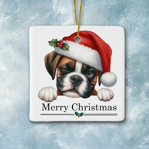 Ornamento De Cerâmica Chapéu de Papai Noel Cachorrinho Boxer Piscando Na