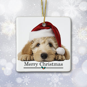 Ornamento De Cerâmica Chapéu de Papai Noel Cachorro Goldendoodle Feliz N