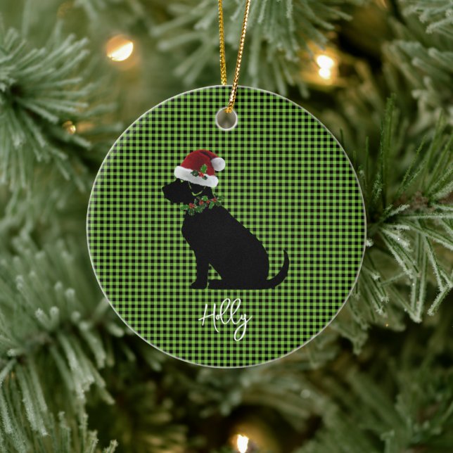 Ornamento De Cerâmica Chapéu de Papai Noel com Azevinho Black Lab NOME F (Árvore)