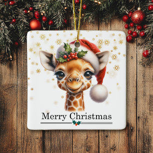 Ornamento De Cerâmica Chapéu de Papai Noel Girafa Engraçada Feliz Natal