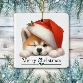 Ornamento De Cerâmica Chapéu de Papai Noel Piscando Akita Filhote Feliz