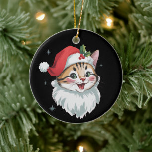 Ornamento De Cerâmica Chapéu de Papai Noel Rosa Gatinho Fofo Natal Retro