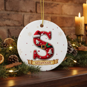 Ornamento De Cerâmica Chapéu de Papai Noel Vermelho Letra de Natal S Nom