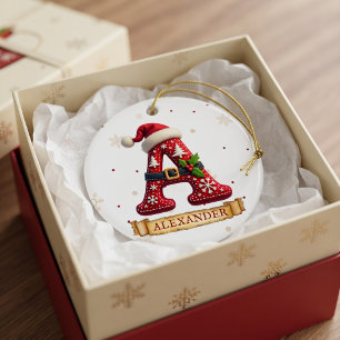 Ornamento De Cerâmica Chapéu de Papai Noel Vermelho Letra de Natal Um No
