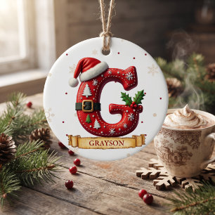 Ornamento De Cerâmica Chapéu de Papai Noel Vermelho Natal Letra G Nome