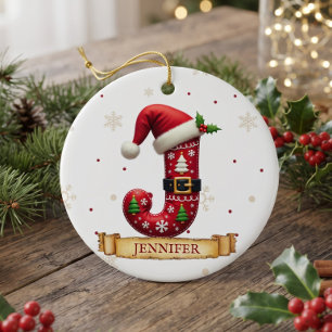 Ornamento De Cerâmica Chapéu de Papai Noel Vermelho Natal Letra J Nome