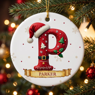 Ornamento De Cerâmica Chapéu de Papai Noel Vermelho Natal Letra P Nome