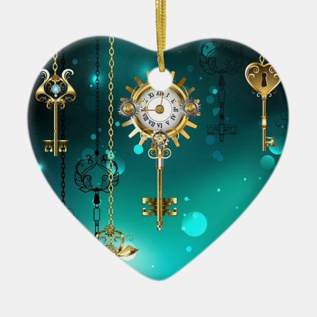 Ornamento De Cerâmica Chaves de Esqueleto Anticas em Fundo Verde (Frente)