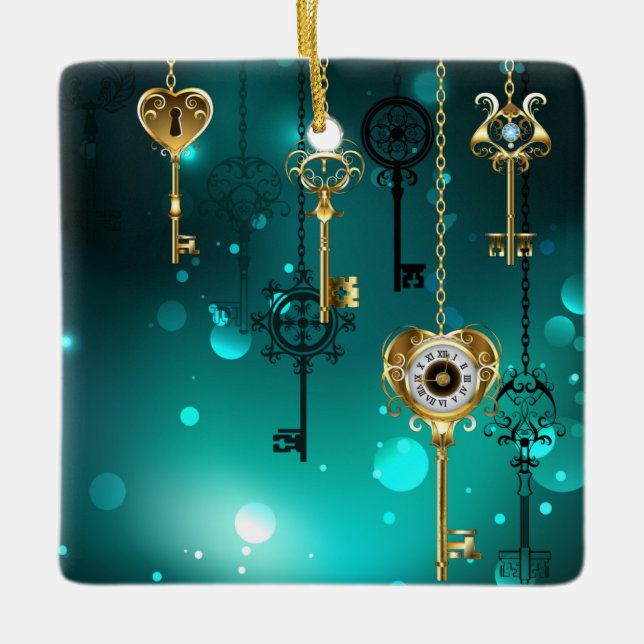 Ornamento De Cerâmica Chaves de Esqueleto Anticas em Fundo Verde (Frente)