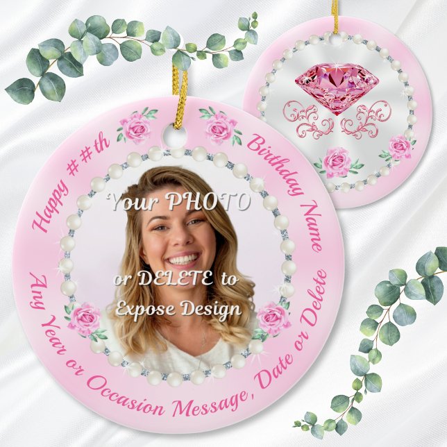 Ornamento De Cerâmica Cheap, Personalized Photo Birthday Ornaments, Pink (Birthday gift for female coworker, female friend, wife, mom and her. 60th or 30th birthday ornaments)