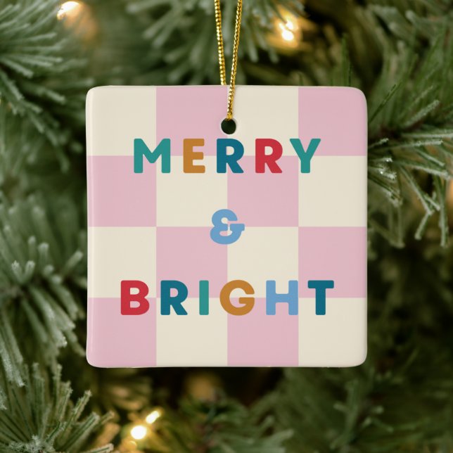 Ornamento De Cerâmica Checkerboard Merry & Bright Christmas Ornament (Árvore)